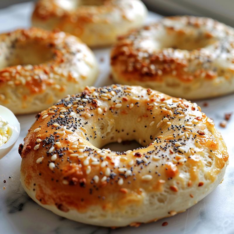 Close-up of a cottage cheese bagel with everything bagel seasoning on a marble surface.