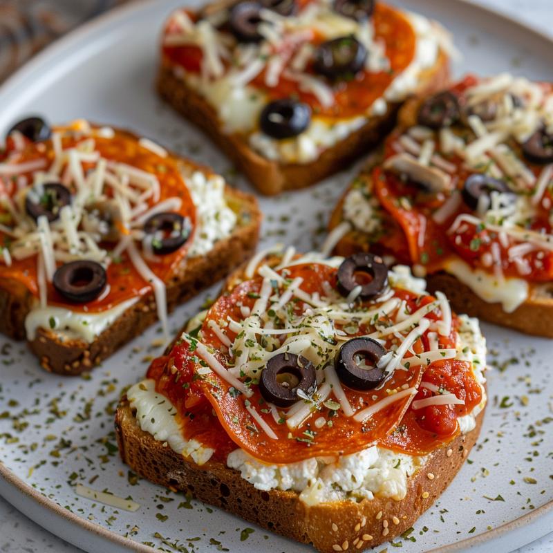 Close-up of pizza toast with visible bread, cottage cheese, sauce, mozzarella, and pepperoni.