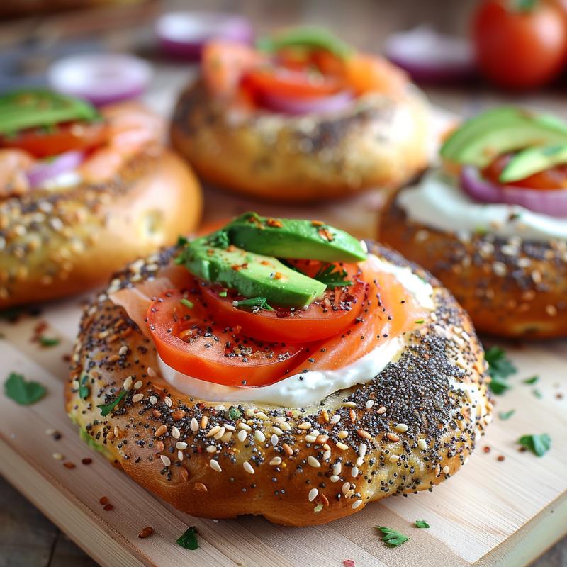Close up of a protein bagel topped with cream cheese, avocado, and everything bagel seasoning on a wooden board.