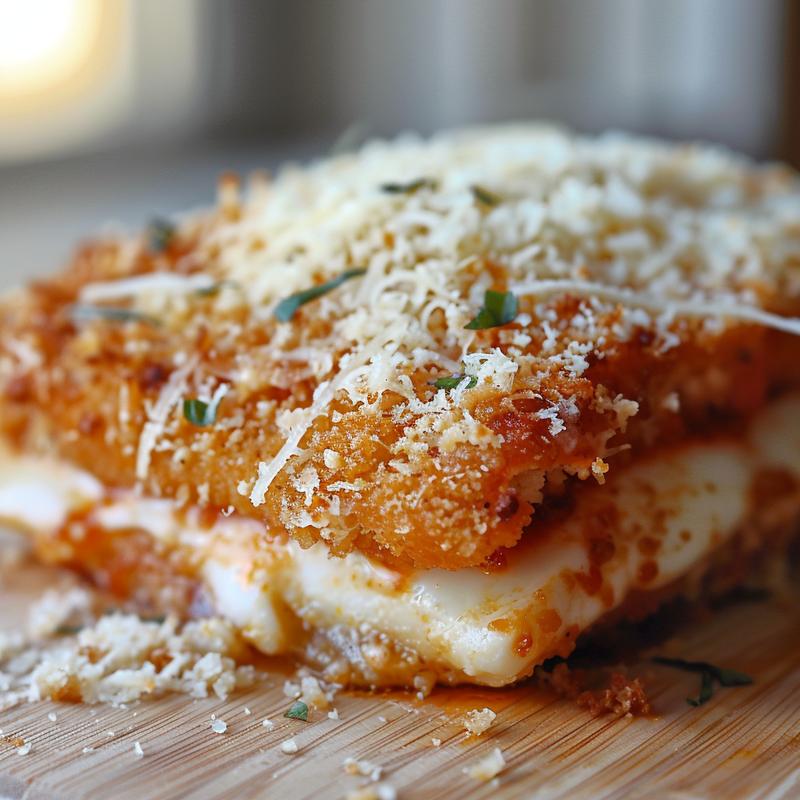 Close-up of chicken parm with cottage cheese and breadcrumbs on a wood board.
