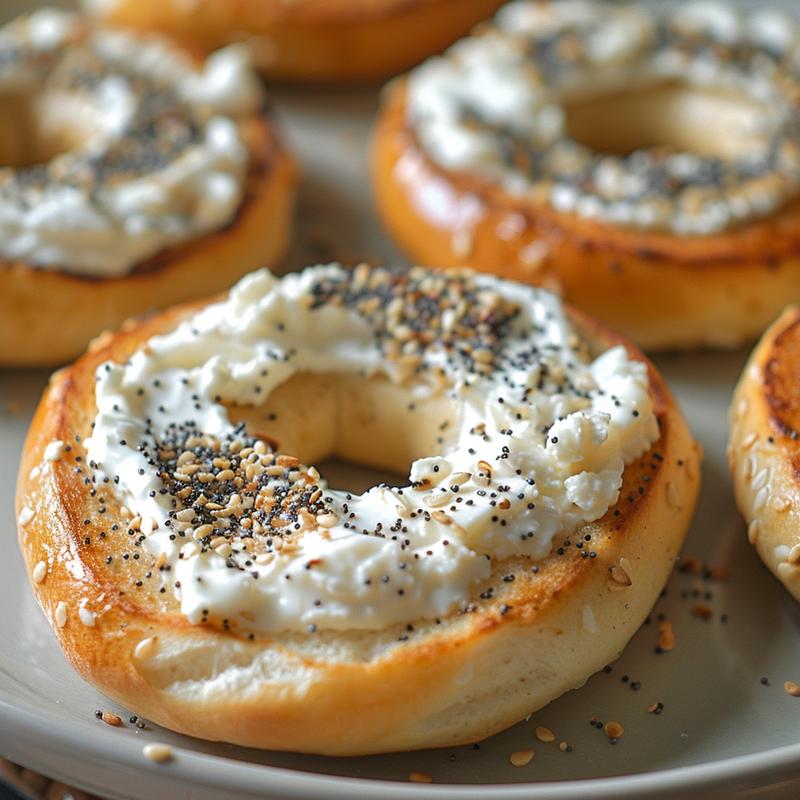 Close-up of a cottage cheese topped bagel on a light grey plate.