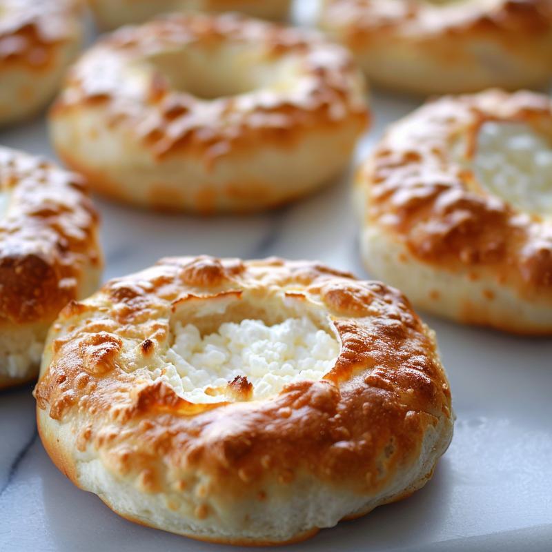 Close-up of gluten-free cottage cheese bagels on white marble.
