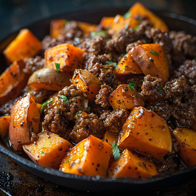 Close-up of sweet potato beef bowl with cottage cheese and hot honey.