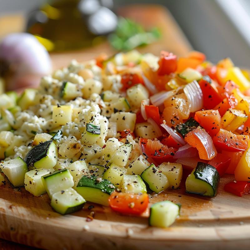 Close-up of a baked cottage cheese and vegetable dish.