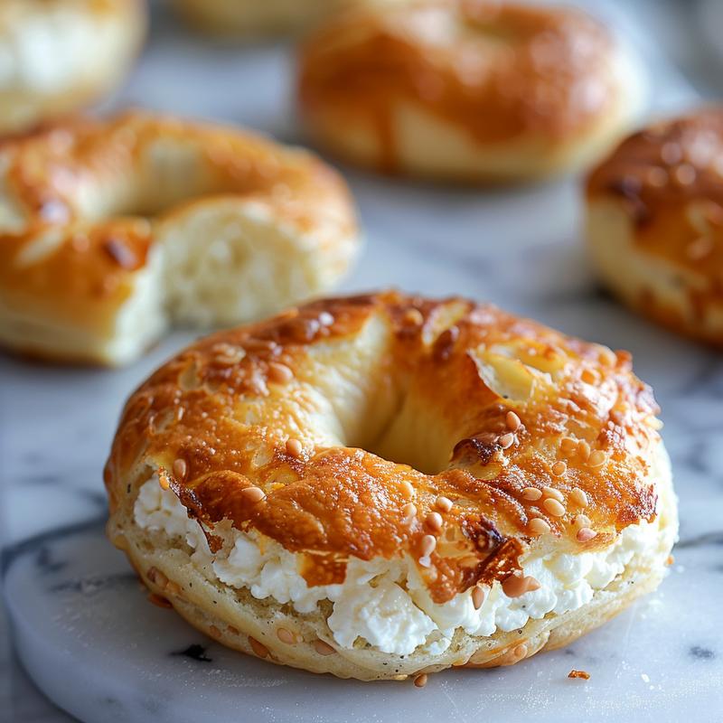 Close-up of a gluten-free cottage cheese bagel on white marble.