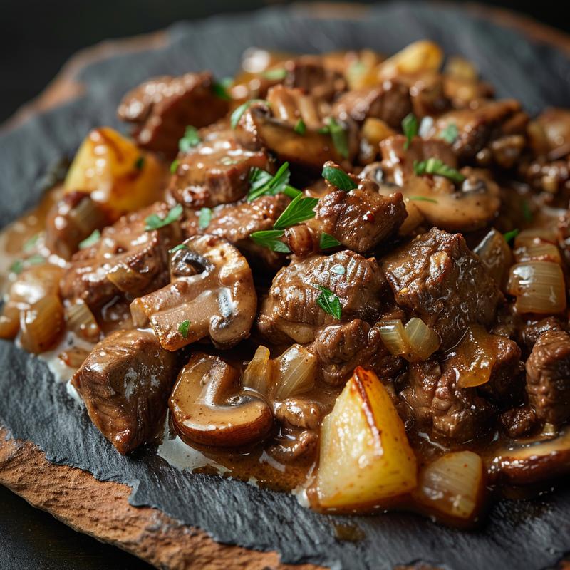 Close up of beef stroganoff with cottage cheese, mushrooms and onions on a slate plate.