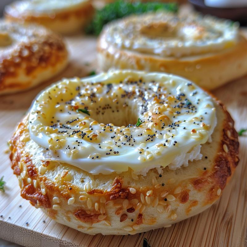 Close-up of gluten-free cottage cheese bagels on a light wood board.