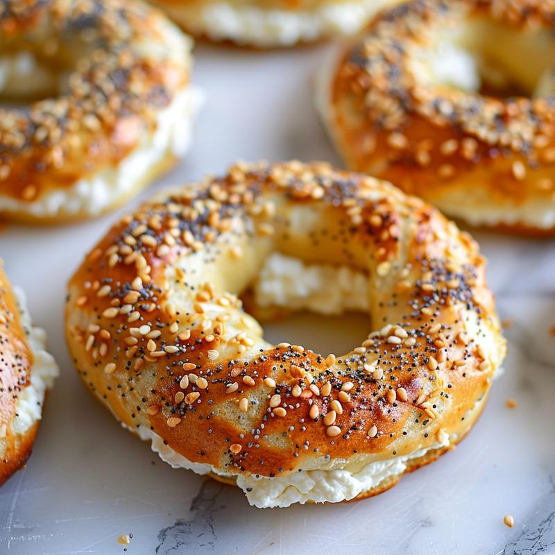 Close-up of a gluten-free cottage cheese bagel with everything bagel seasoning on a white marble surface.