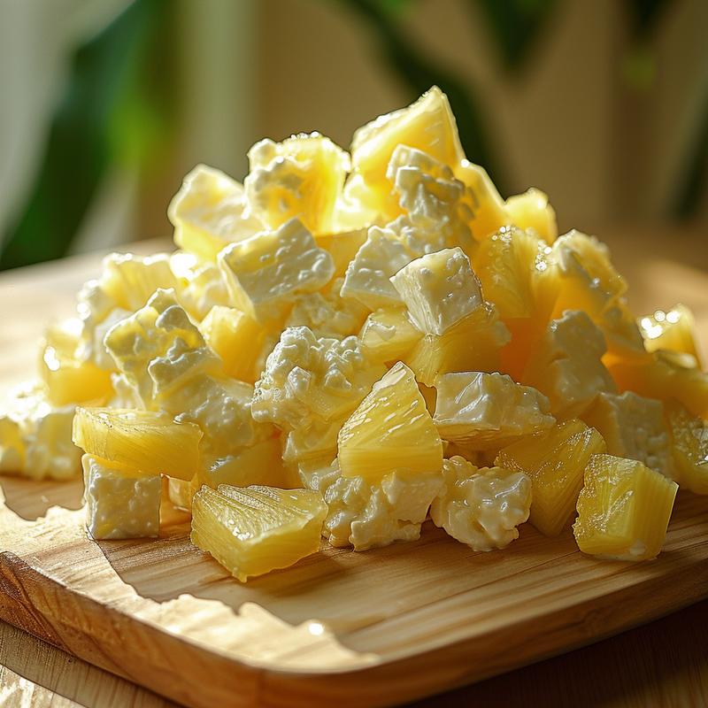 Close-up of cottage cheese Jell-O salad on a wood board.
