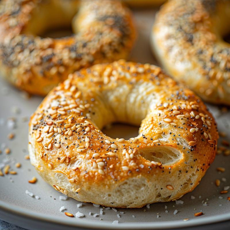 Close-up of a protein bagel on a light grey plate, showcasing detailed texture.