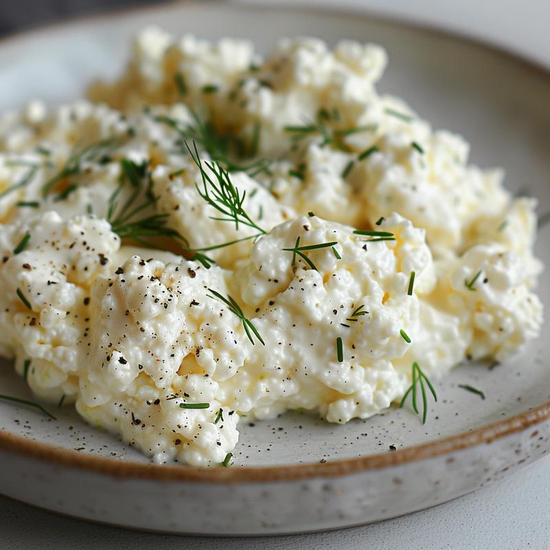 Creamy white dip on a light grey plate, flecked with green herbs.