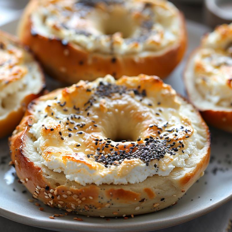 Close-up of a cottage cheese bagel on a gray plate.