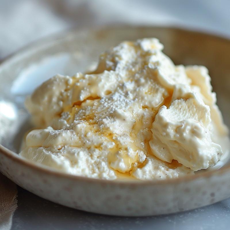 Close-up of creamy white vanilla mousse on a grey plate.