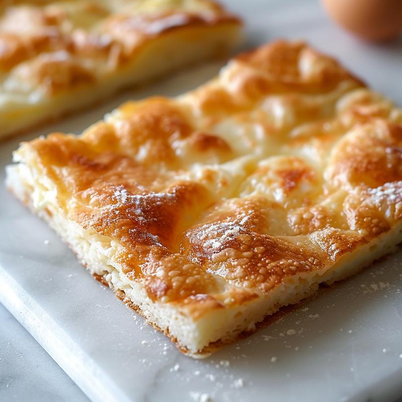 Close-up of a textured, white cottage cheese flatbread on marble.