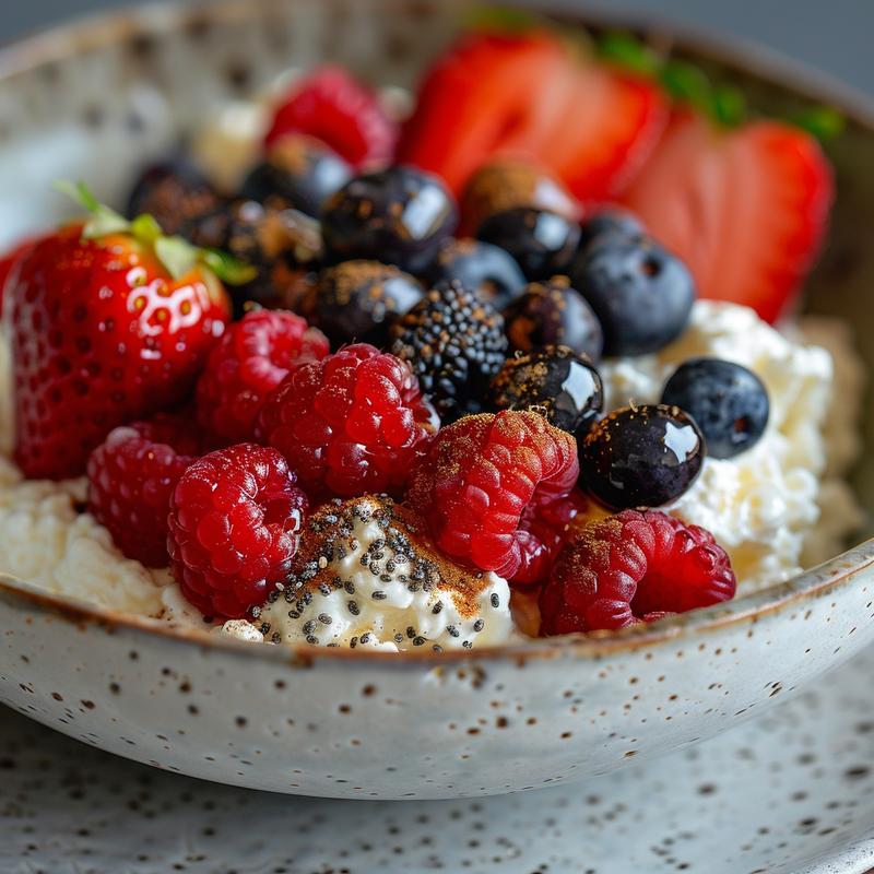 Close-up of cottage cheese topped with mixed berries on a grey plate.