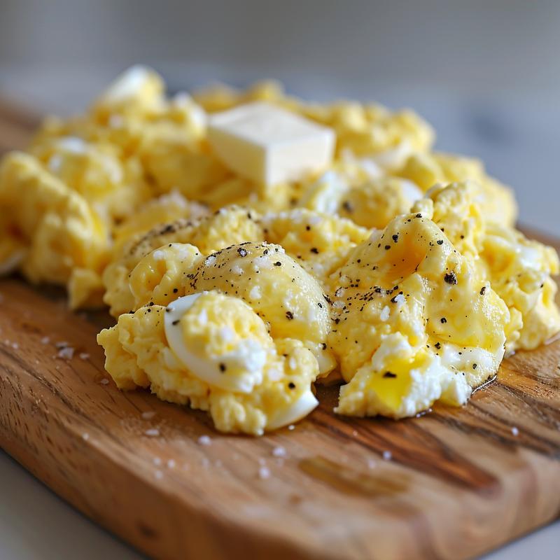 Close-up of scrambled eggs mixed with cottage cheese on a wooden board.