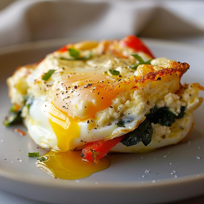 Close-up of baked eggs with cottage cheese and vegetables on a gray plate.