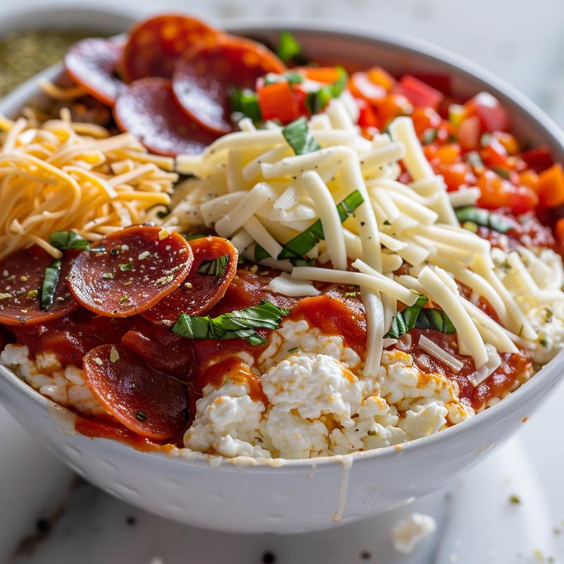 Close-up of a cottage cheese pizza bowl with visible toppings.