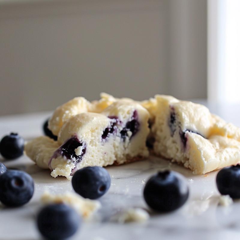 Close-up of light and airy cottage cheese blueberry cloud bread on white marble.
