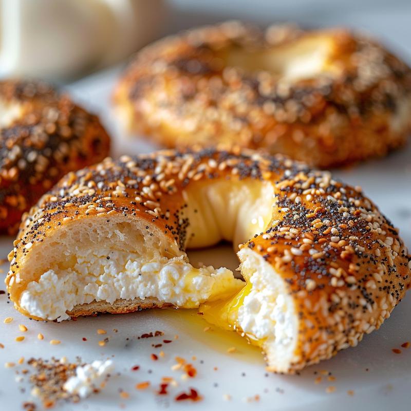 Close-up of a cottage cheese bagel, showing texture and seasoning.