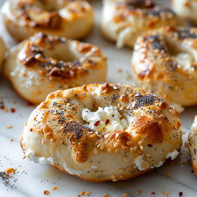 Close-up of a cottage cheese bagel with everything bagel seasoning on a marble surface.