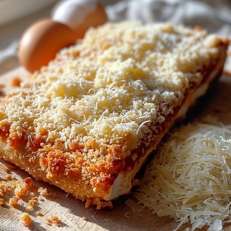 Close-up of chicken parm with cottage cheese and breadcrumbs on a wood board.