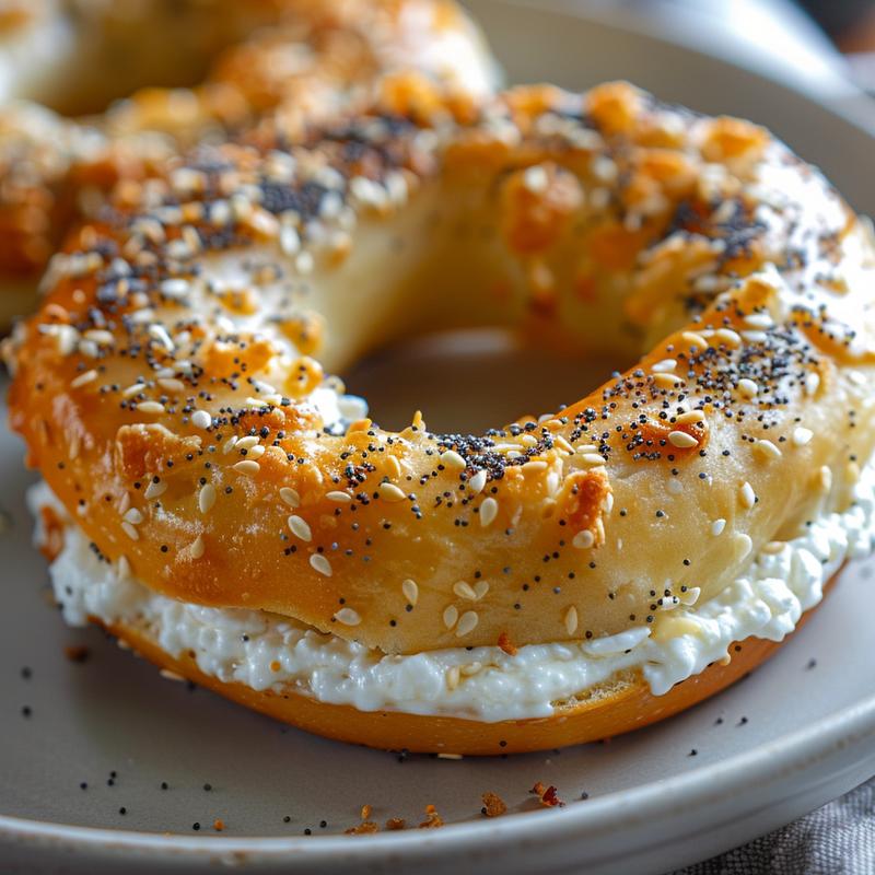 Close-up of a cottage cheese topped bagel on a light grey plate.