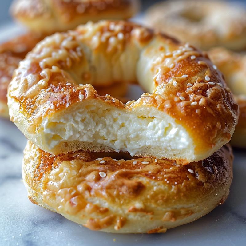Close-up of gluten-free cottage cheese bagels on white marble.