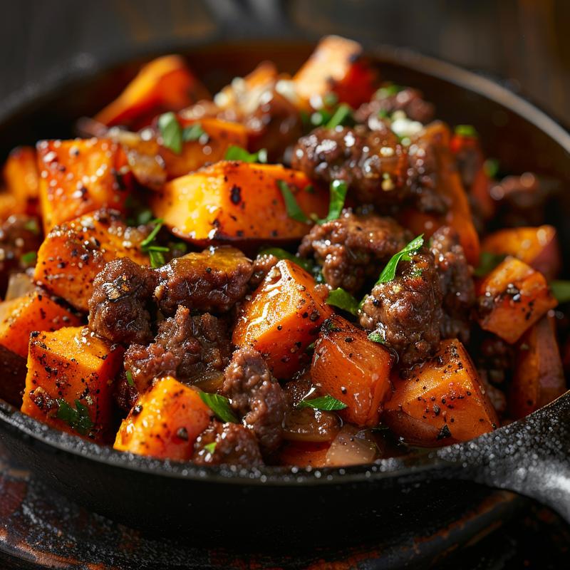 Close-up of sweet potato beef bowl with cottage cheese and hot honey.