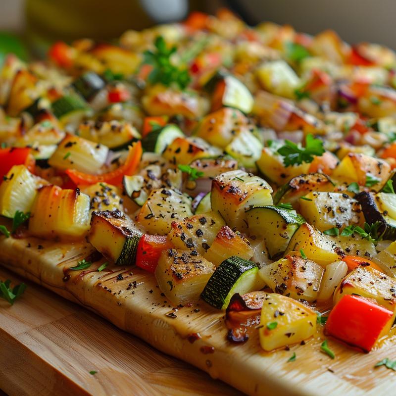 Close-up of a baked cottage cheese and vegetable dish.