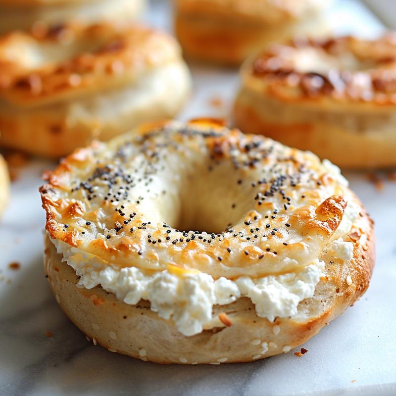 Close-up of a gluten-free cottage cheese bagel on white marble.