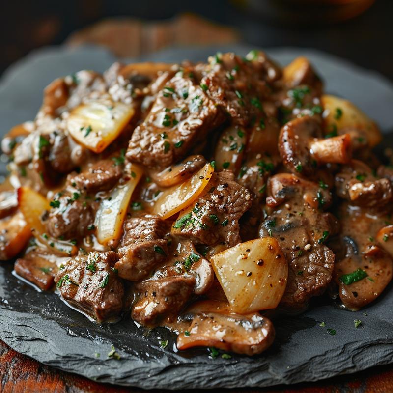 Close up of beef stroganoff with cottage cheese, mushrooms and onions on a slate plate.