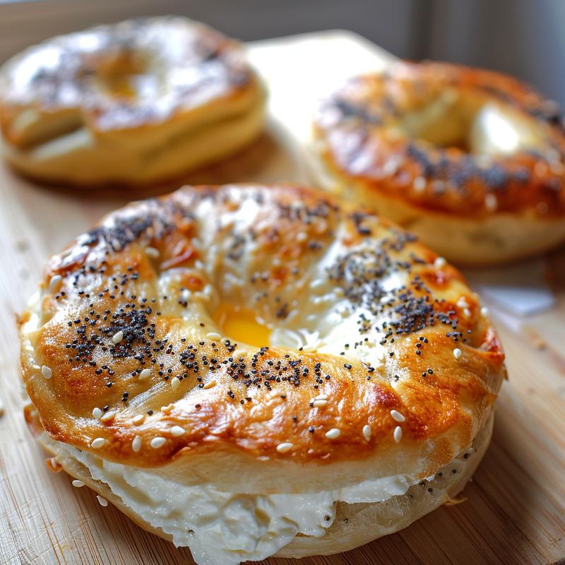 Close-up of gluten-free cottage cheese bagels on a light wood board.