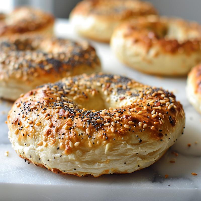 Close-up of a gluten-free cottage cheese bagel with everything bagel seasoning on a white marble surface.