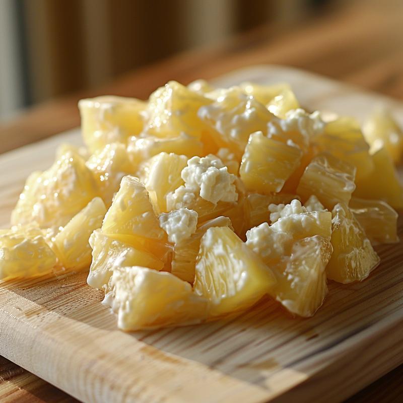Close-up of cottage cheese Jell-O salad on a wood board.