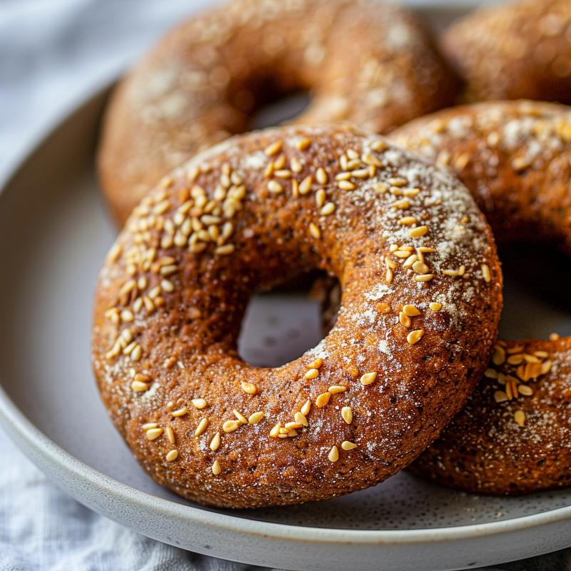 Close-up of a protein bagel on a light grey plate, showcasing detailed texture.