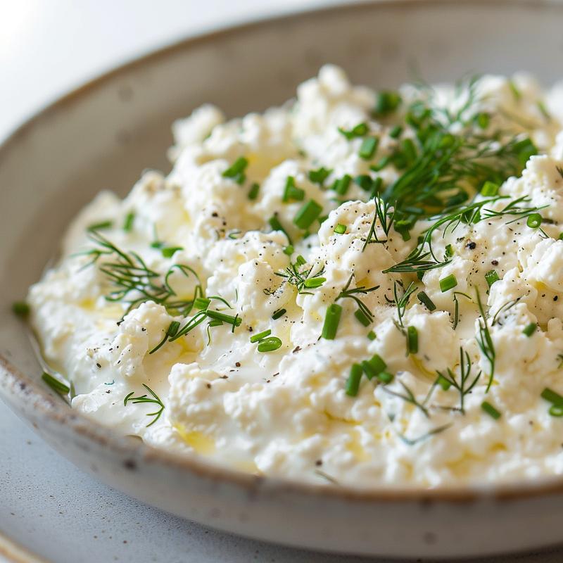 Creamy white dip on a light grey plate, flecked with green herbs.