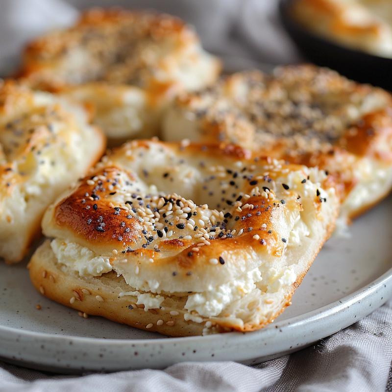 Close-up of a cottage cheese bagel on a gray plate.