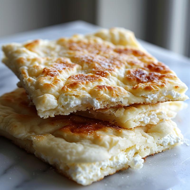 Close-up of a textured, white cottage cheese flatbread on marble.