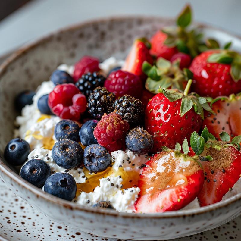 Close-up of cottage cheese topped with mixed berries on a grey plate.