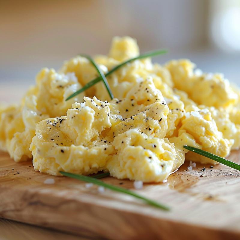 Close-up of scrambled eggs mixed with cottage cheese on a wooden board.