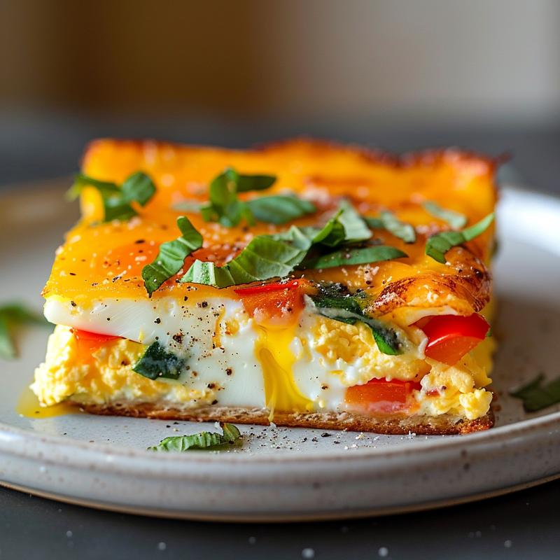 Close-up of baked eggs with cottage cheese and vegetables on a gray plate.