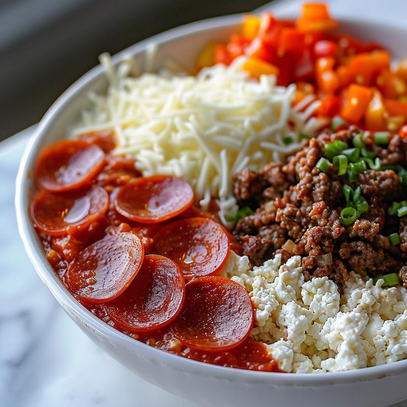 Close-up of a cottage cheese pizza bowl with visible toppings.